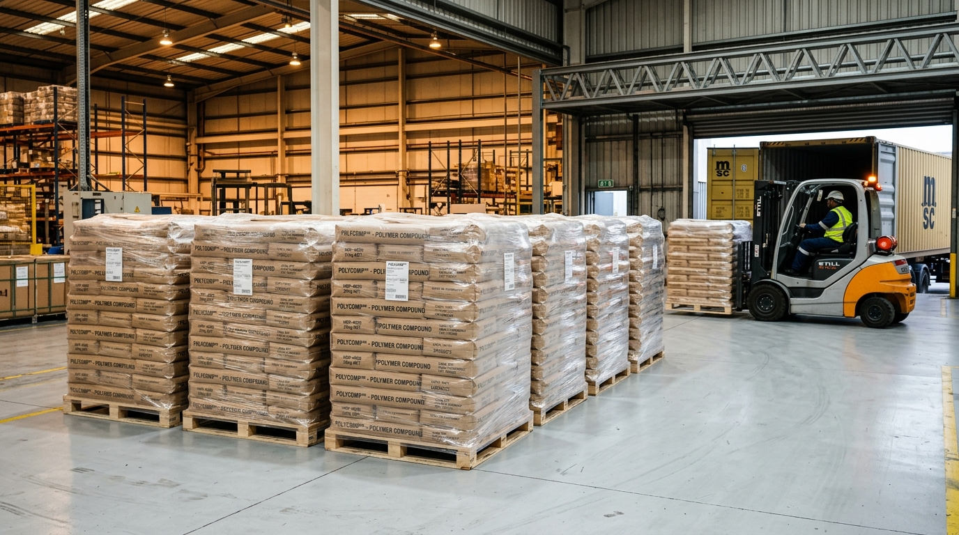 Palletized compound bags ready for container loading