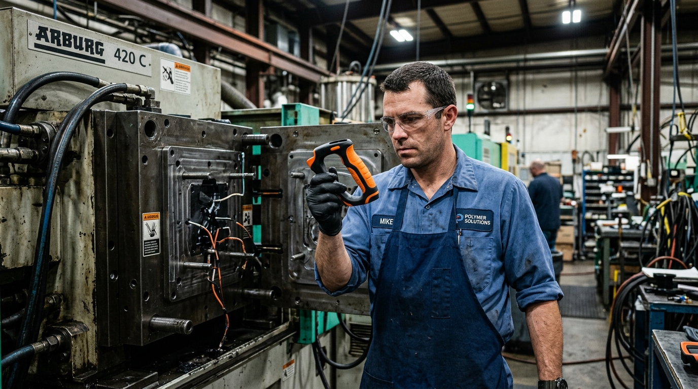 Technician inspecting newly molded soft grip sample